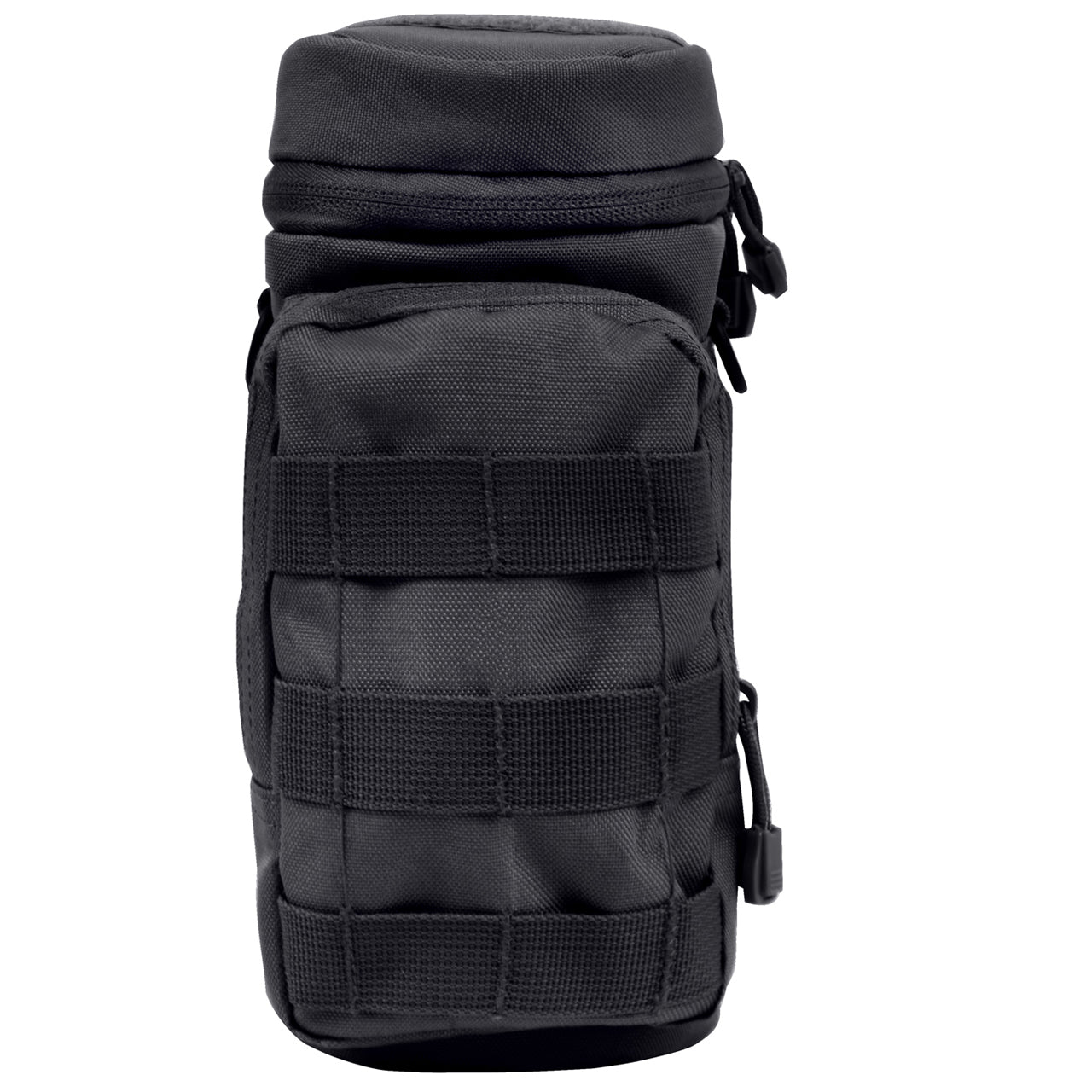 Durable Denier Polyester Material 10.5" Tall X 4" Diameter 6.5" X 4" Front Zippered Pouch W/ MOLLE Loops On Front Zipper Closure Flip Top And Two MOLLE Straps On Back D-Ring On Each Side Straw Hole On Top W/ Hook And Loop Closure Features A Drain Hole 4" X 1" Loop On Top And MOLLE Loop Around Entire Pouch www.moralepatches.com.au