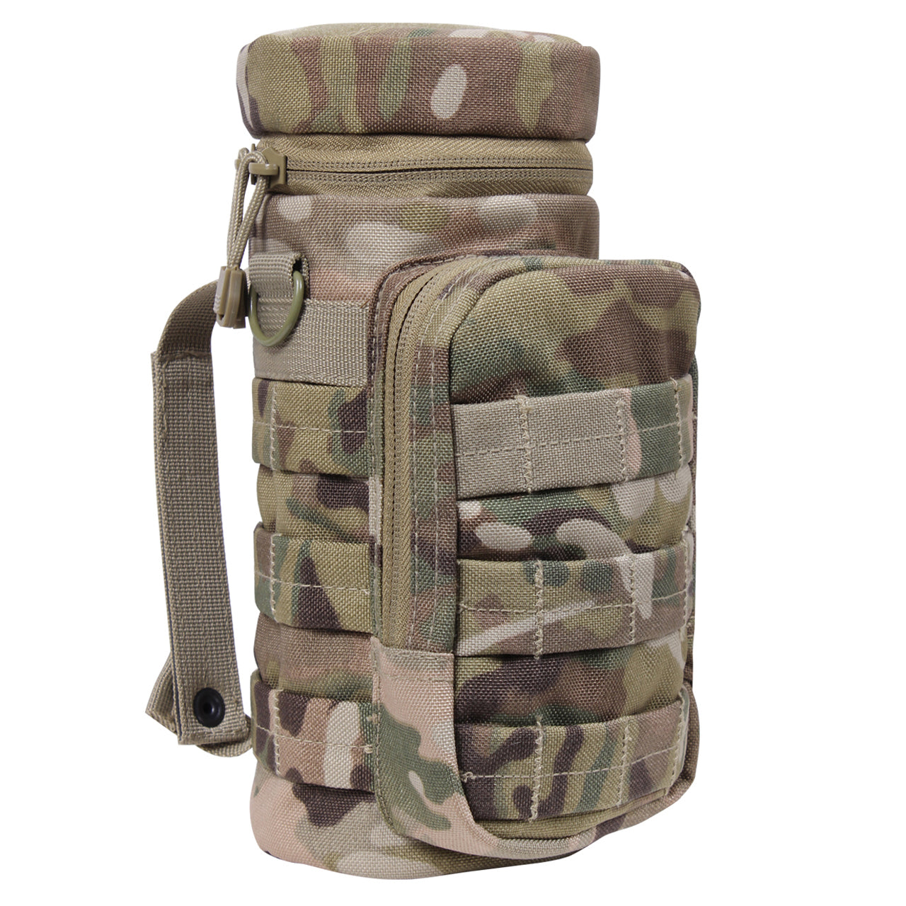Durable Denier Polyester Material 10.5" Tall X 4" Diameter 6.5" X 4" Front Zippered Pouch W/ MOLLE Loops On Front Zipper Closure Flip Top And Two MOLLE Straps On Back D-Ring On Each Side Straw Hole On Top W/ Hook And Loop Closure Features A Drain Hole 4" X 1" Loop On Top And MOLLE Loop Around Entire Pouch www.moralepatches.com.au