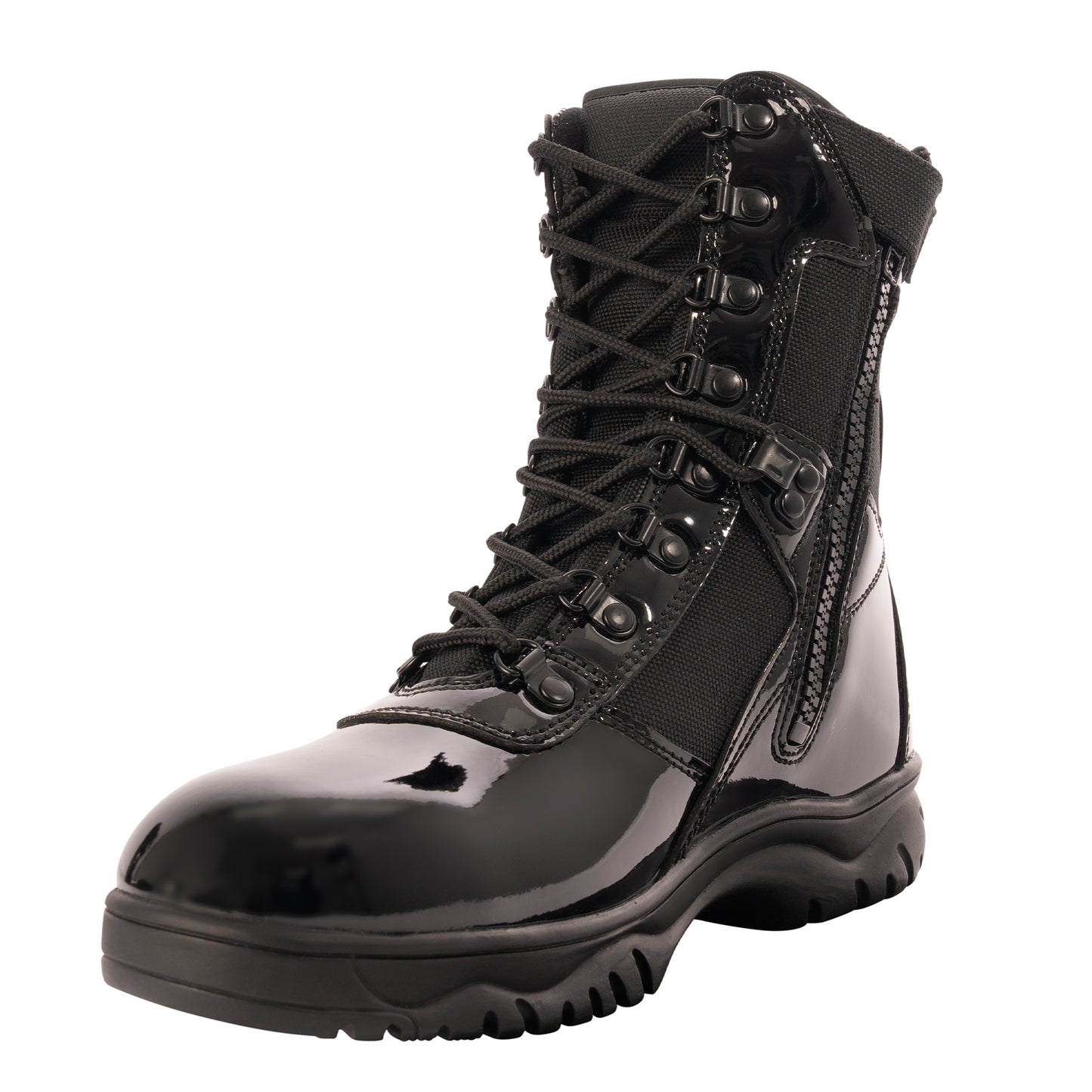 Our Forced Entry High-Gloss Tactical Boot with Side Zipper stands out as a top choice for cadets, tactical professionals and military service members. The tactical combat boots feature an inspection-ready mirror finish that looks great while out on patrol. www.moralepatches.com.au