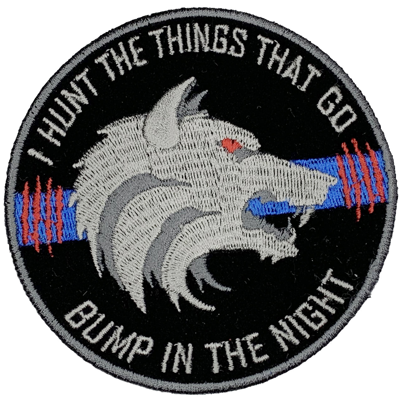 Thin blue line, bump in the night Iron On Patch. Great for attaching to your jackets, shirts, pants, jeans, hats.  Size: 8.89cm www.moralepatches.com.au