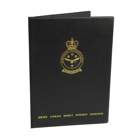 The Black Heavy Grain Leather Look Certificate Folder is a sleek and sophisticated folder designed to keep your important certificates and documents safe and organised. AAFC www.moralepatches.com.au