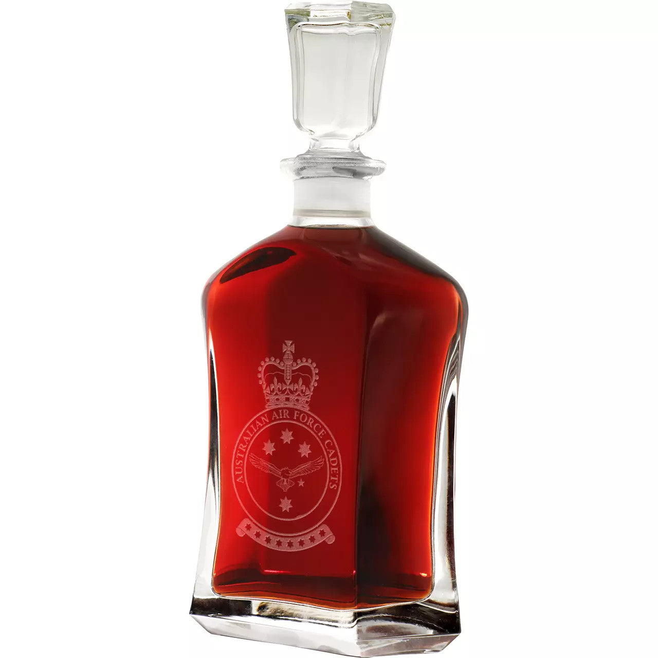 Indulge in the striking design of the 750ml AAFC Italian Glass Decanter, featuring the prestigious Australian Air Force Cadet crest etched into its elegant form. A must-have for any collector or bar enthusiast, this high-quality decanter will add a touch of sophistication to your display. www.moralepatches.com.au