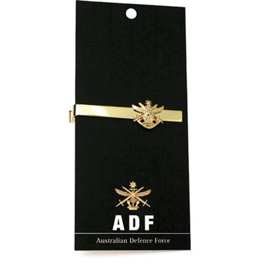 Australian Defence Force (ADF) 20mm cut out tie bar.  Displayed on a presentation card with a brief history of the ADF. This beautiful gold plated tie bar looks great on both work and formal wear. www.moralepatches.com.au