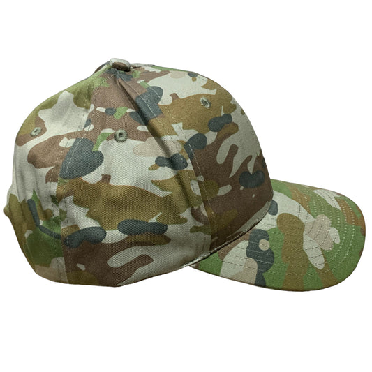 Experience the ultimate in comfort and style with the Army Australian Multicam Baseball Cap. This cap features an adjustable hook & loop back for a perfect fit, making it a One Size Fits All option. Upgrade your headwear game with this versatile and trendy cap! www.moralepatches.com.au side view