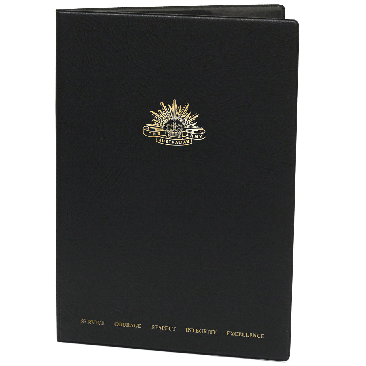 Black heavy grain leather look certificate folder with two plastic pockets on the inside cover  Army logo on the front cover www.moralepatches.com.au