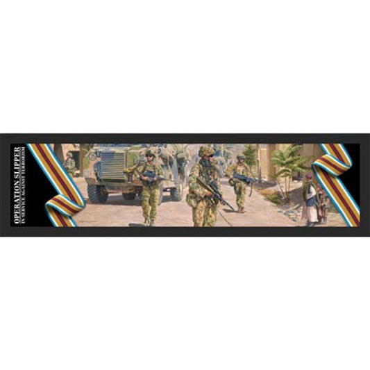 Introducing the exceptional Afghanistan Campaign Artwork Bar Runner. This bar runner showcases the captivating story of a village patrol, as depicted in military artist Barry Spicer's 2013 oil on canvas, 'Operation Slipper - In Service Against Terrorism'.  www.moralepatches.com.au