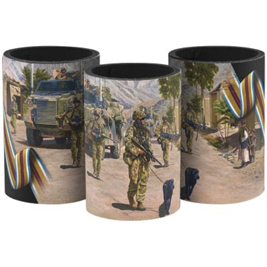 The exceptional Afghanistan Campaign Artwork Drink Cooler is a must-have for military enthusiasts. Designed with neoprene material, this drink cooler features the stunning artwork of military artist Barry Spicer. Wrap your drink in style and show your support for the troops. Fits standard bottles and cans. www.moralepatches.com.au