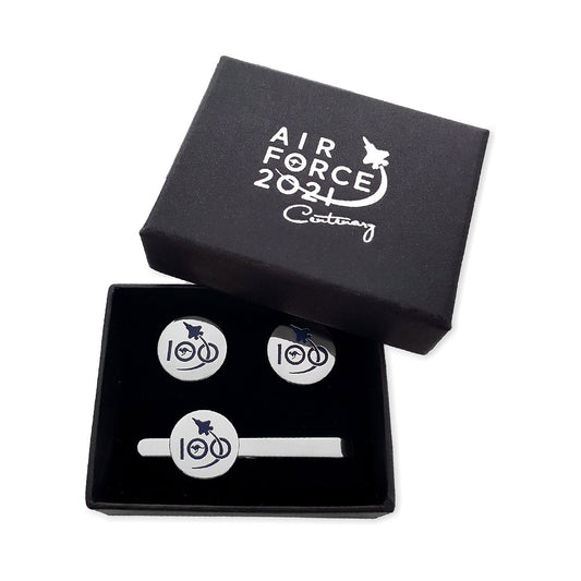 This beautiful and elegant tie bar and cuff link set is the perfect accessory for work or special functions. Designed to be both functional and stylish, the tie bar and cuff links feature the Air Force 100 logo www.moralepatches.com.au