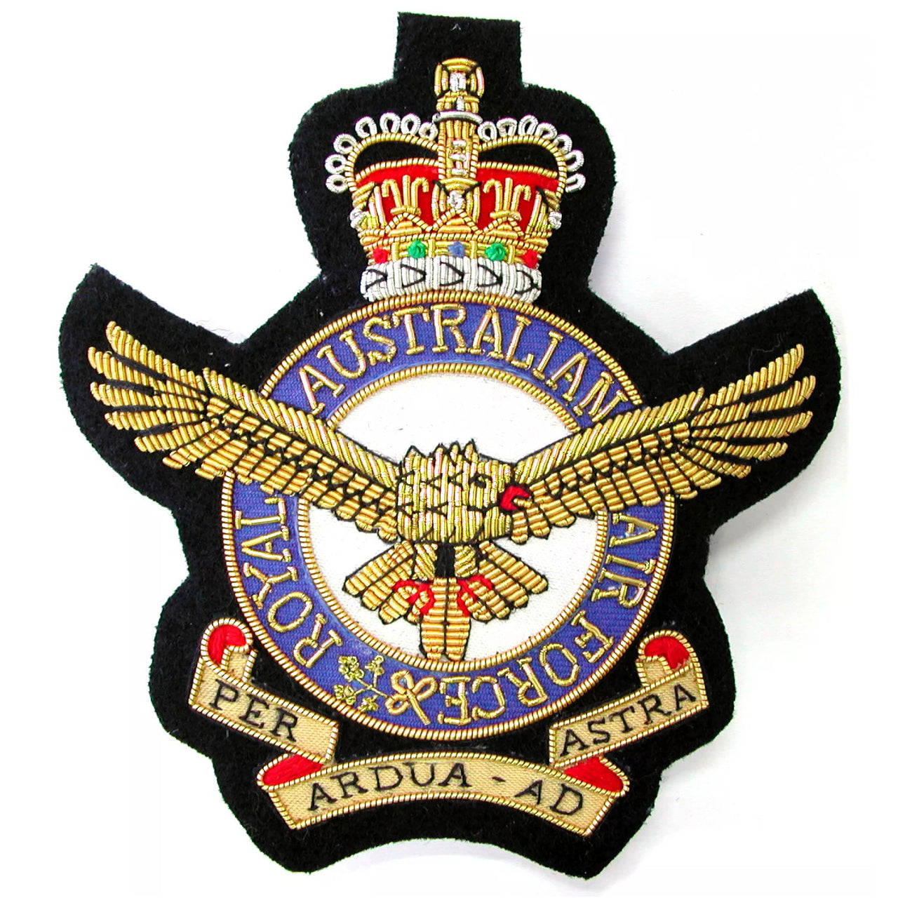 Exquisite Air Force Bullion Pocket Badge ideal to accessorize your Blazer, bag or any place you seek a fashionable badge. Approximately 80x80mm. Fastens firmly with 3 butterfly clasps on the rear. You'll love your new stylish accessory, crafted with a timeless look that will last for years. Bright and eye-catching, this badge adds a luxurious touch to your favorite wardrobe pieces. www.moralepatches.com.au