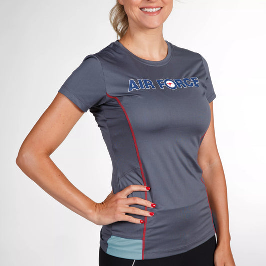 The Air Force Ladies Sport Shirt Grey/Blue is a stylish and comfortable sport shirt branded with the Royal Australian Air Force logo. Made from a lightweight polyester/spandex blend, this shirt is perfect for workouts as it will keep you cool and comfortable. Stay stylish and show your support for the Air Force with this sport shirt. www.moralepatches.com.au