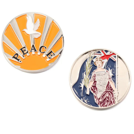 Add this vibrantly coloured silver-finish penny to your collection and pay tribute to the service and sacrifice of our heroic servicemen and women. This beautifully crafted penny features a solitary figure, our national flag, and a rosemary branch, symbolising healing and the start of a nation's journey to rebuild after the battle. www.moralepatches.com.au