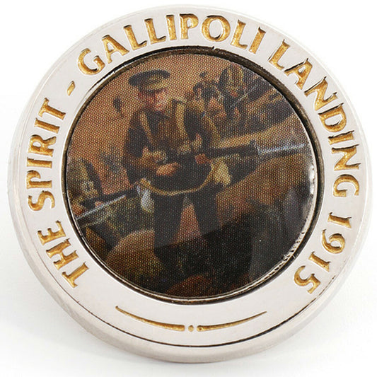 A beautiful lapel pin commemorating the spirit of the Anzacs as they landed on the beaches that fateful morning. Featuring a close-up of the artwork The Spirit - Gallipoli Landing 1915 by renowned military artist David Rowland, this beautiful lapel pin is a striking way to display the Anzac spirit and a unique addition to any lapel or coat. www.moralepatches.com.au