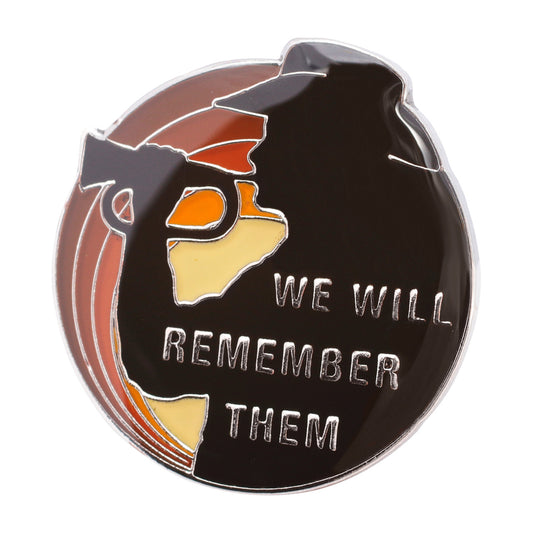 This beautiful Bugler Ode Lapel Pin is a vibrant badge featuring the silhouette of a lone bugler in front of a sunrise sky. Featuring the words 'We Will Remember Them' in silver detailing, this unique lapel pin is a must-have for any wardrobe or collection. www.moralepatches.com.au