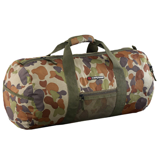 CONGO GEAR BAG This versatile gear bag is perfect for work, sports, or travel. The Caribee Congo in Auscam design includes a spacious main compartment and an end shoe pocket with a zipper. With a 42L capacity and measuring 60 x 30 x 30cm www.moralepatches.com.au