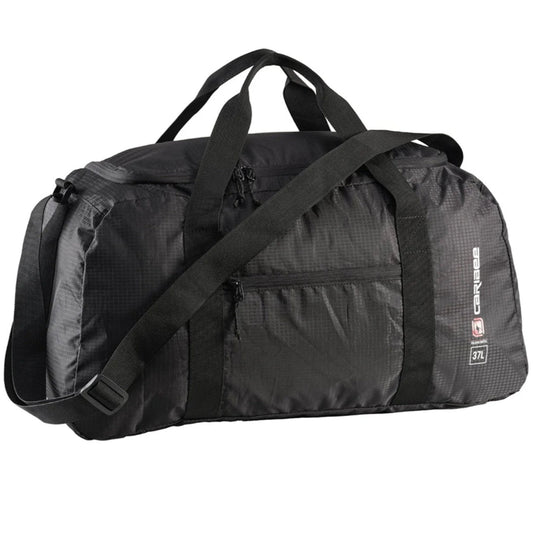 Volume: 37L/53 x 27 x 26cm Fold away duffle bag stows neatly into its own integrated storage pouch Compact &amp; portable 37L gear bag&nbsp; Great accessory for travel - when you need an extra bag Large main zippered storage compartment Lockable zip housings for extra security Rear luggage trolley&nbsp;pass through secures this bag to larger suit cases Adjustable webbing shoulder strap Weight: 270g www.moralepatches.com.au