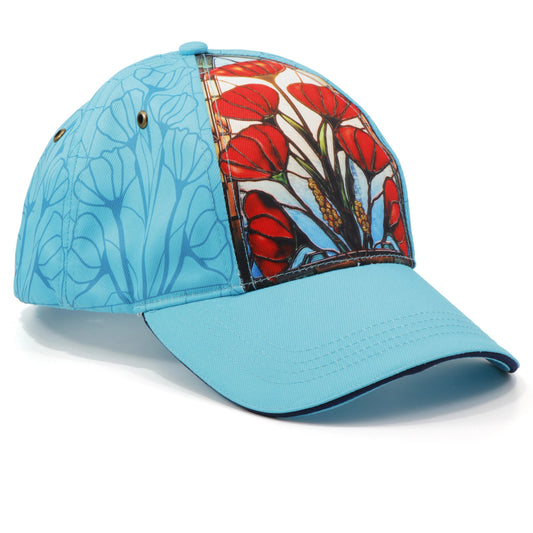 This exquisite panel cap features a seamless front panel displaying a stunning full-colour stained-glass poppy design. The aqua-coloured cap also showcases a subtle line art rendition of the same poppy motif on its remaining panels. Enhanced with deep turquoise piping along the brim, this cap exudes a polished look. With an adjustable hook-and-loop strap, it offers a perfect fit. www.moralepatches.com.au