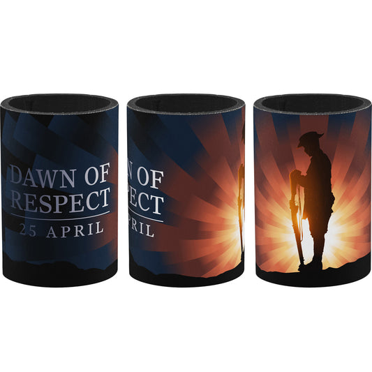 A beautiful commemorative cooler with vibrant colours and stunning artwork. An eye-catching cooler, perfect for keeping your drinks cold. This fantastic 5mm neoprene cooler features a soldier resting at reversed arms in front of the rising sun. www.moralepatches.com.au