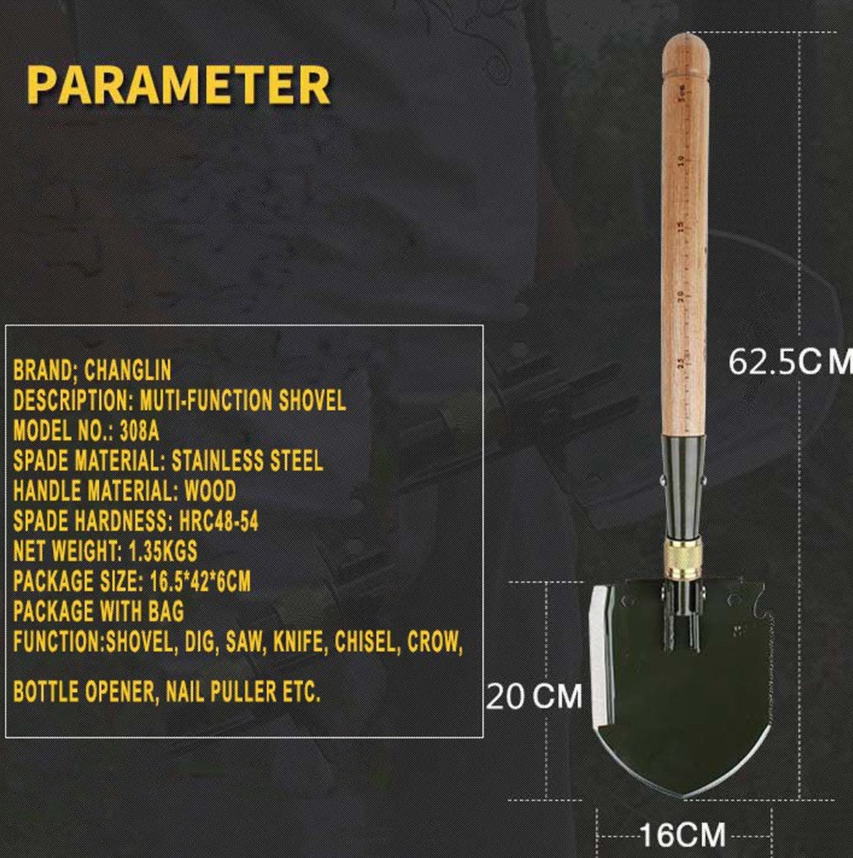 Discover the epic versatility of this multi-functional Entrenching Tool Shovel, featuring a durable wooden handle and a powerful stainless steel blade with a hardness of 48-54. With its impressive net weight of 1.4Kg, this shovel also boasts a saw, knife, chisel, pick, crow, bottle opener, and nail puller. The ultimate tool for any outdoor adventure and survival situation. www.moralepatches.com.au