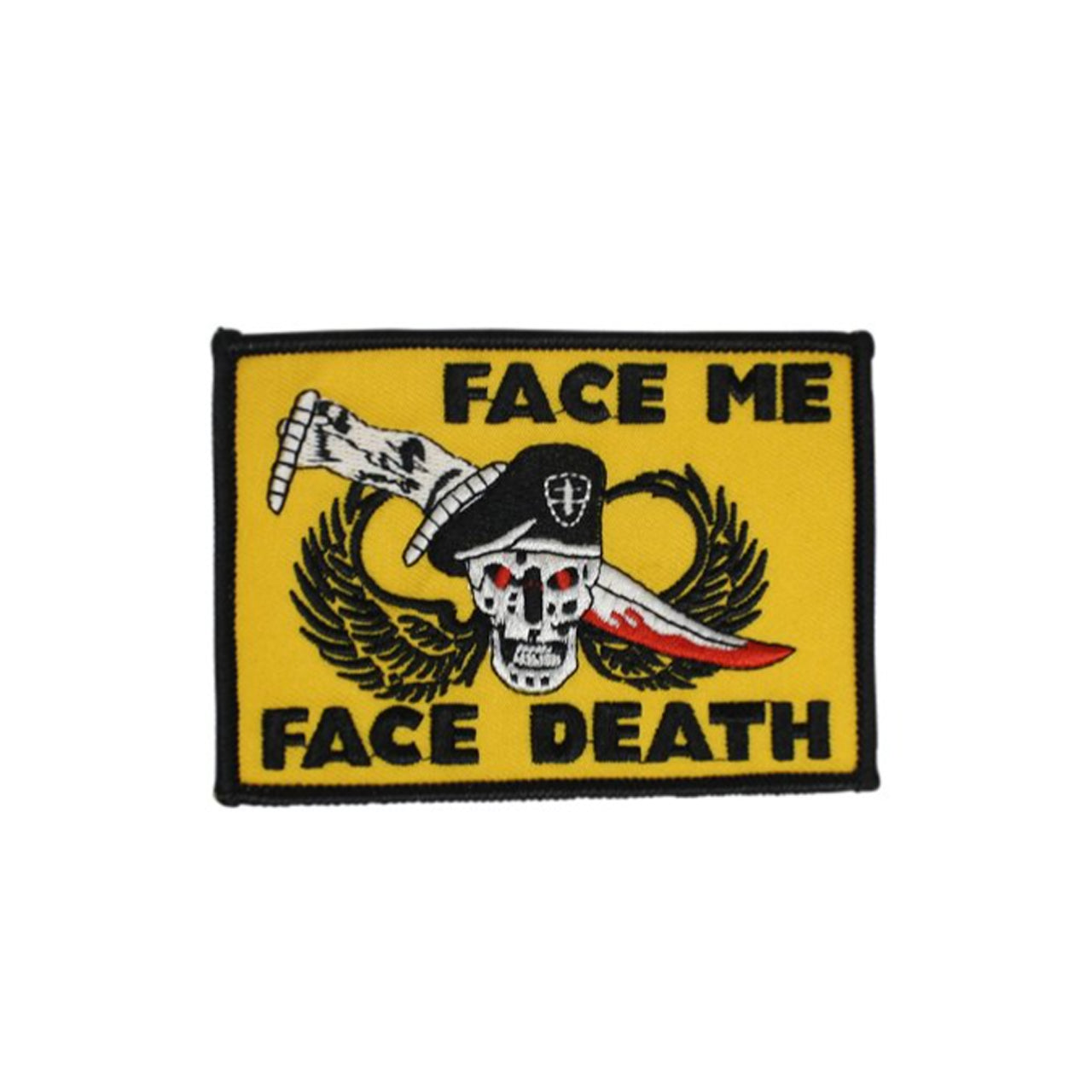 Experience the empowering effects of the Face Me Face Death Patch, measuring 10x7cm. Take on any challenge fearlessly with the support of this powerful patch. www.moralepatches.com.au