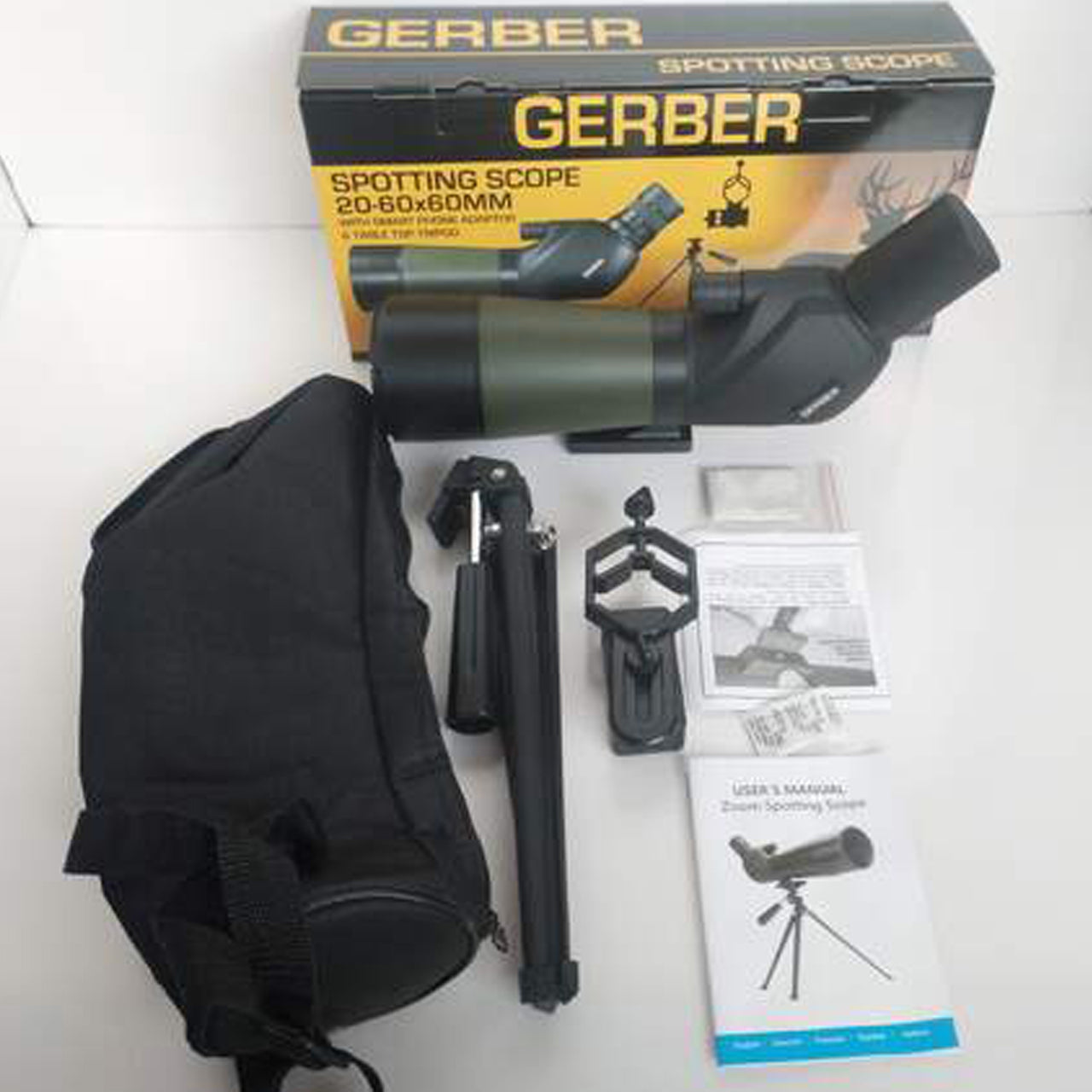 The GERBER 20-60x60mm is one of the most unique spotting scopes in the market. Economical and compact, it offers high magnifications in a 45 degree eyepiece&nbsp;design. The rubber armoured exterior is both, attractive and durable. The mini table-top tripod collapses flat for easy storage. A smooth focus provides crystal clear viewing, and the included carry case stores &amp; protects the Scope when not in use. www.moralepatches.com.au