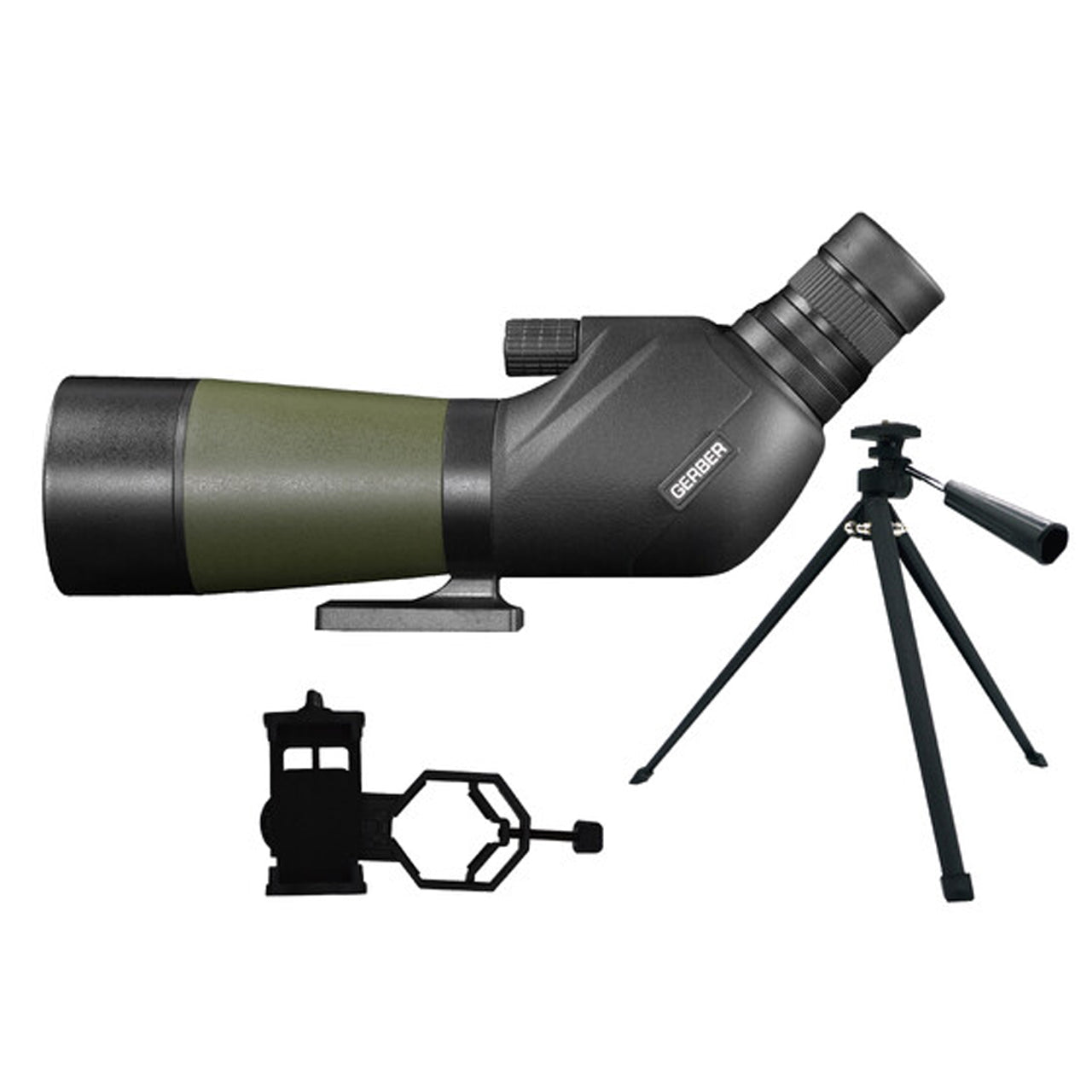 The GERBER 20-60x60mm is one of the most unique spotting scopes in the market. Economical and compact, it offers high magnifications in a 45 degree eyepiece&nbsp;design. The rubber armoured exterior is both, attractive and durable. The mini table-top tripod collapses flat for easy storage. A smooth focus provides crystal clear viewing, and the included carry case stores &amp; protects the Scope when not in use. www.moralepatches.com.au