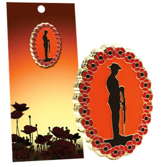 The beautiful Going Down of the Sun Poppy Lapel Pin on Card from the military specialists. The lone soldier at Reverse Arms is set against deep crimson enamel and surrounded by a ring of poppies.  www.moralepatches.com.au