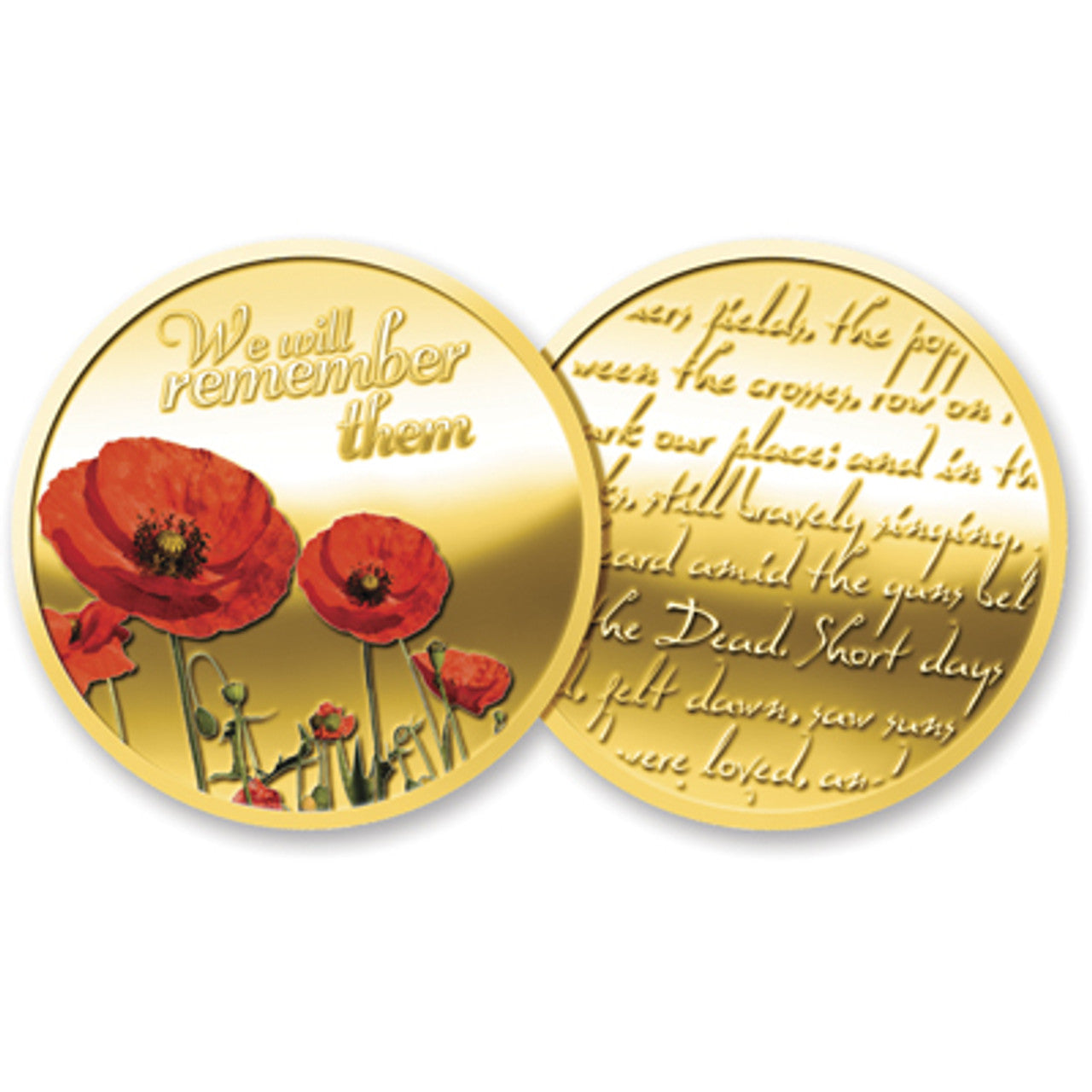 Adorn yourself or a loved one with the beautiful Gold Plated Poppy Medallion In Gift Box. This exquisite medallion is graced with a breathtaking image of the iconic Flanders Poppies, and on the reverse, the immortal poem In Flanders Fields. The medallion comes nestled in a luxurious leatherette presentation box - a perfect gift to cherish for years to come! www.moralepatches.com.au