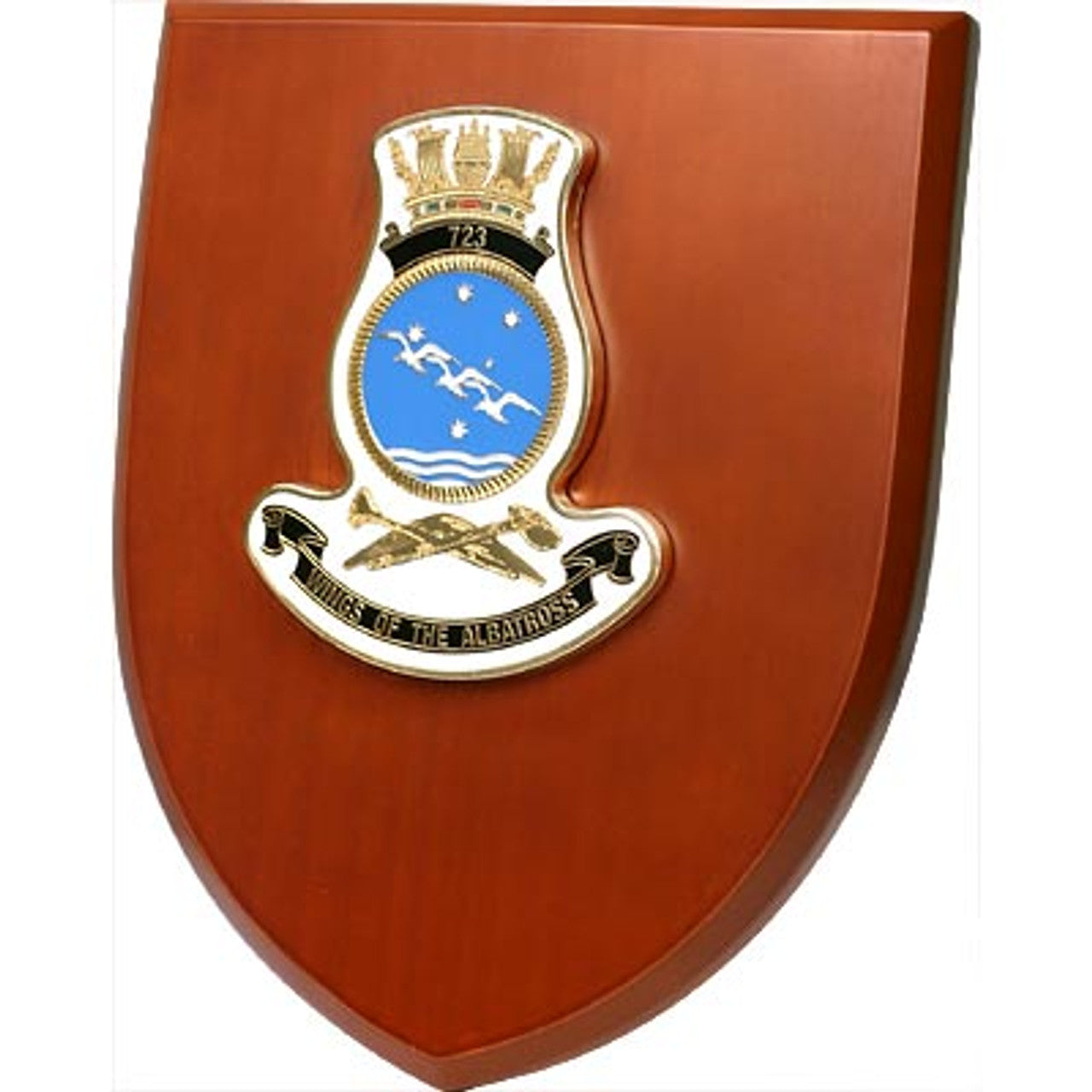 The Exceptional 723 Squadron Plaque is a truly remarkable piece that is sure to impress. This exquisite plaque showcases a stunning 100mm full colour enamel crest, elegantly placed on a 200x160mm timber finish shield. www.moralepatches.com.au