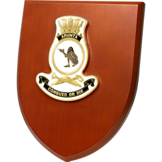 An Exceptional HMAS Arunta Plaque is now available for order. This exquisite plaque showcases a stunning 100mm full colour enamel crest, elegantly placed on a 200x160mm timber finish shield. www.moralepatches.com.au