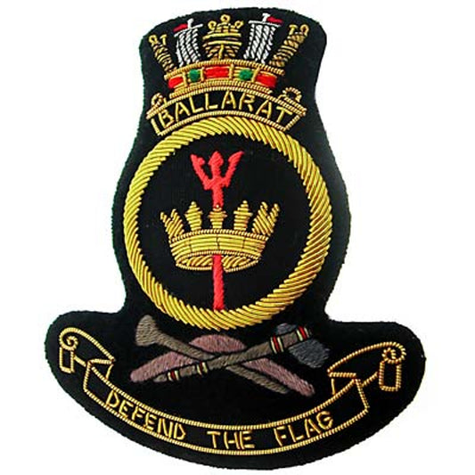 This HMAS Ballarat Bullion Pocket Badge is simply spectacular - adorn your blazer, bag, or any other item with an elegant, stately badge that measures a total of 80x80mm. The secure, 3-butterfly pin clasp on the back ensures that your badge is always in place. www.moralepatches.com.au