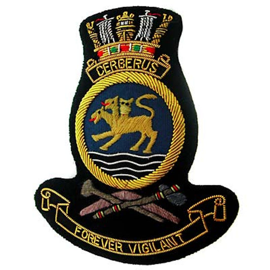 Astonishing HMAS Cerberus Bullion Pocket Badge is ideal for any garment, bag, or where a one-of-a-kind badge is desired. Approximate size 80x80mm. Attaches seamlessly with 3 butterfly clasps at the back. www.moralepatches.com.au