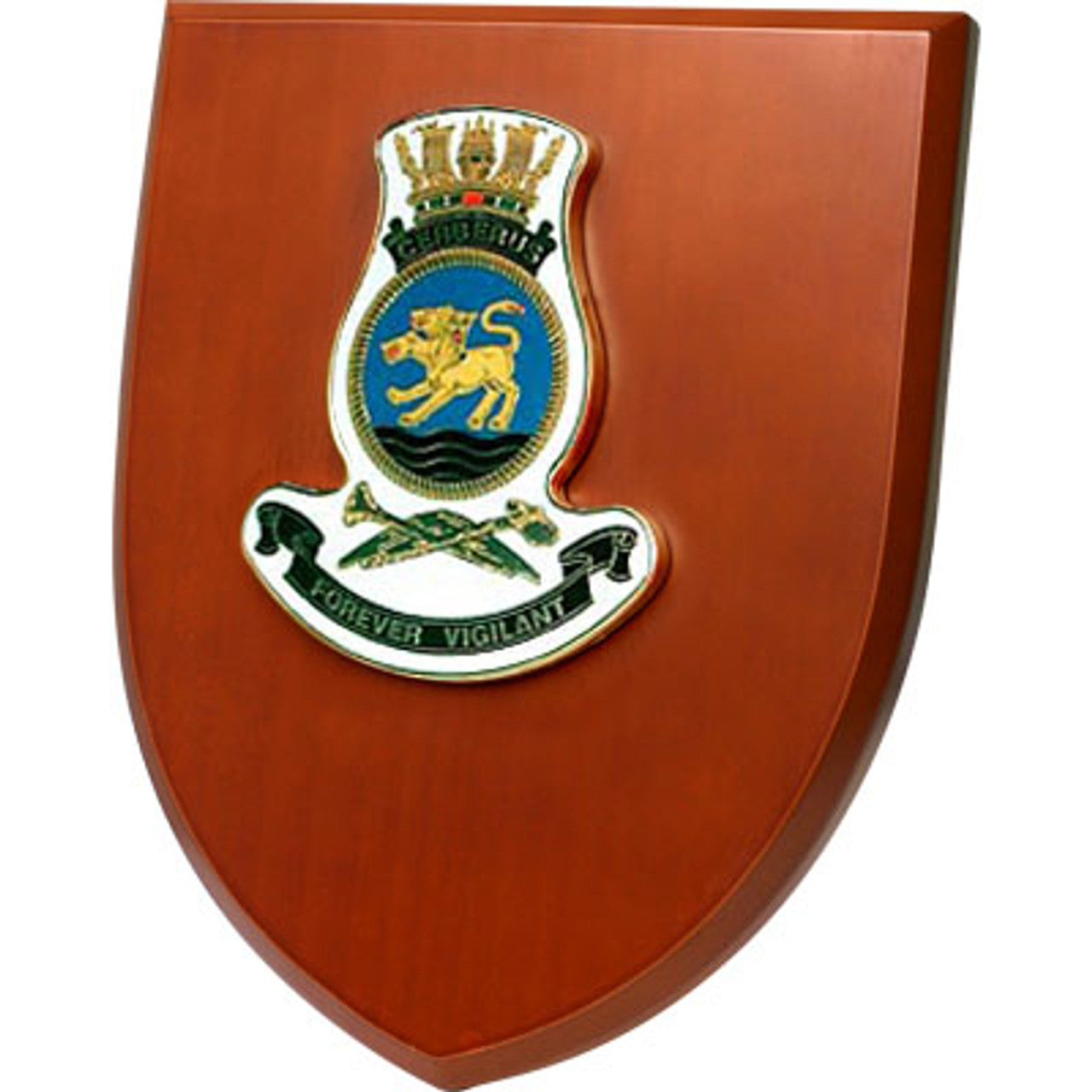 An Exceptional HMAS Cerberus Plaque is now available for order. This exquisite plaque showcases a stunning 100mm full colour enamel crest, elegantly placed on a 200x160mm timber finish shield.  www.moralepatches.com.au