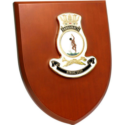 The Exceptional HMAS Parramatta Plaque is a truly remarkable piece that is sure to impress. This exquisite plaque showcases a stunning 100mm full colour enamel crest, elegantly set on a 200x160mm timber finish shield.  www.moralepatches.com.au