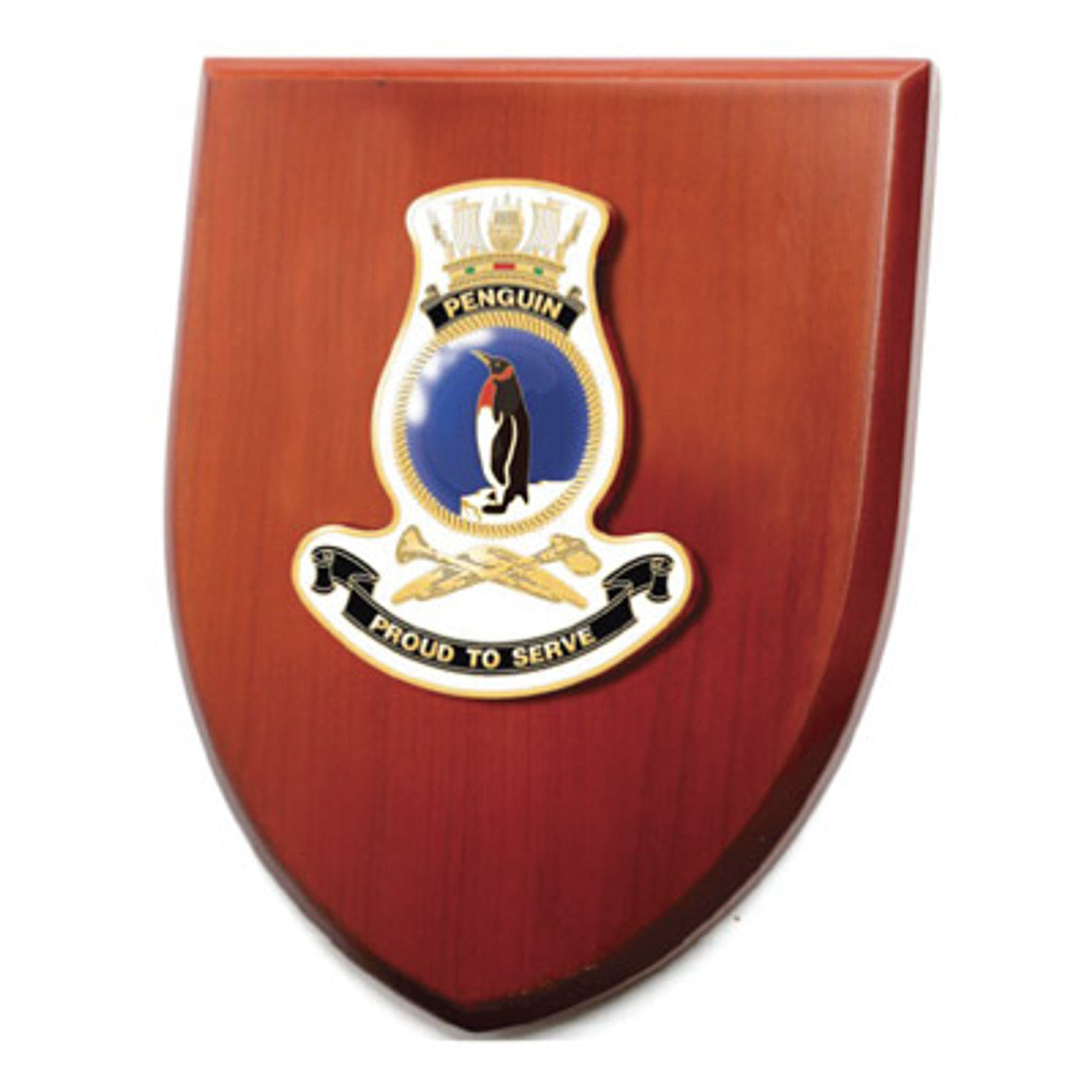 The Exceptional HMAS Penguin Plaque is a truly remarkable piece that is sure to impress. This exquisite plaque showcases a stunning 100mm full colour enamel crest, elegantly set on a 200x160mm timber finish shield. www.moralepatches.com.au