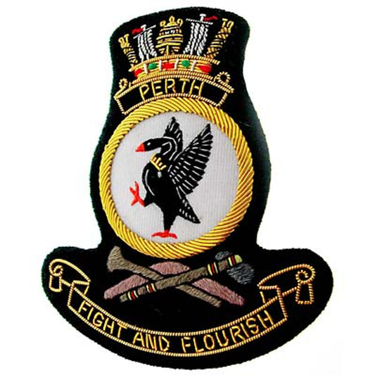 Superb HMAS Perth Bullion Pocket Badge perfect for your Blazer, bag or where you want a stylish badge. Approximate size 80x80mm. Securely fastens with 3 butterfly catches on the back. www.moralepatches.com.au