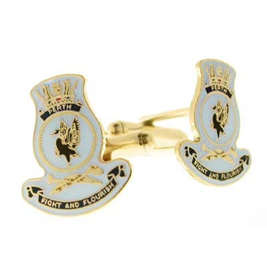 Add a touch of elegance to your wardrobe with HMAS Perth 20mm full colour enamel cuff links. These stunning gold plated cuff links are ideal for formal or everyday occasions - the final touch to any ensemble! www.moralepatches.com.au