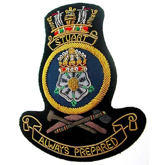 Superb HMAS Stuart Bullion Pocket Badge perfect for your Blazer, bag or where you want a stylish badge. Approximate size 80x80mm. Securely fastens with 3 butterfly catches on the back. www.moralepatches.com.au