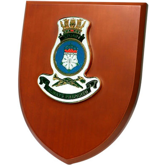 The Exceptional HMAS Stuart Plaque is a truly remarkable piece that is sure to impress. This exquisite plaque showcases a stunning 100mm full colour enamel crest, elegantly set on a 200x160mm timber finish shield. www.moralepatches.com.au