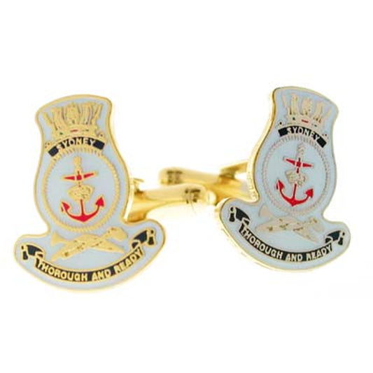 Add a touch of elegance to your wardrobe with HMAS Sydney 20mm full colour enamel cuff links. These stunning gold plated cuff links are ideal for formal or everyday occasions - the final touch to any ensemble! www.moralepatches.com.au