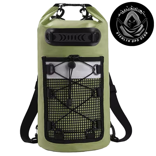 Explore the great outdoors with our versatile and durable Waterproof Backpack Drybag! Measuring 63x28cm, this backpack is made of PVC material and features clip-on shoulder straps for easy carrying. Perfect for hiking, light climbing, beach trips, kayaking, and other tactical operations, this backpack will be your go-to for all your outdoor adventures. www.moralepatches.com.au