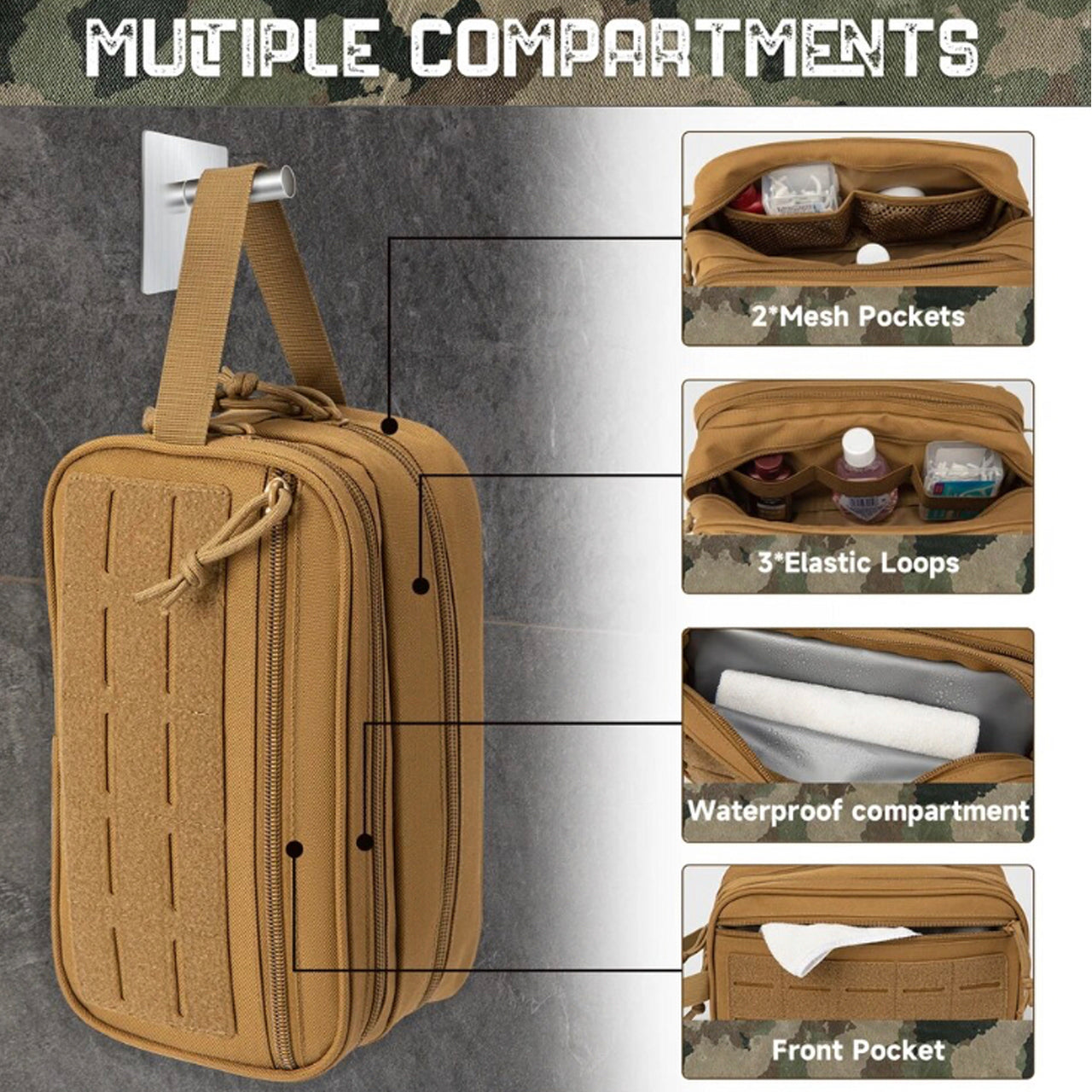 This Toiletry Bag is MOLLE capable and can be used for other gear, it's a must-have for any traveler. With dimensions of 15cm (H) x 26cm (W) x 11cm (D), it's perfect for storing toiletries and accessories. Made from 900D fabric material, it boasts a sleek and durable design. The side carry handle, front pocket compartment with closeable zip, and top zip closure make it a convenient and stylish choice. www.moralepatches.com.au