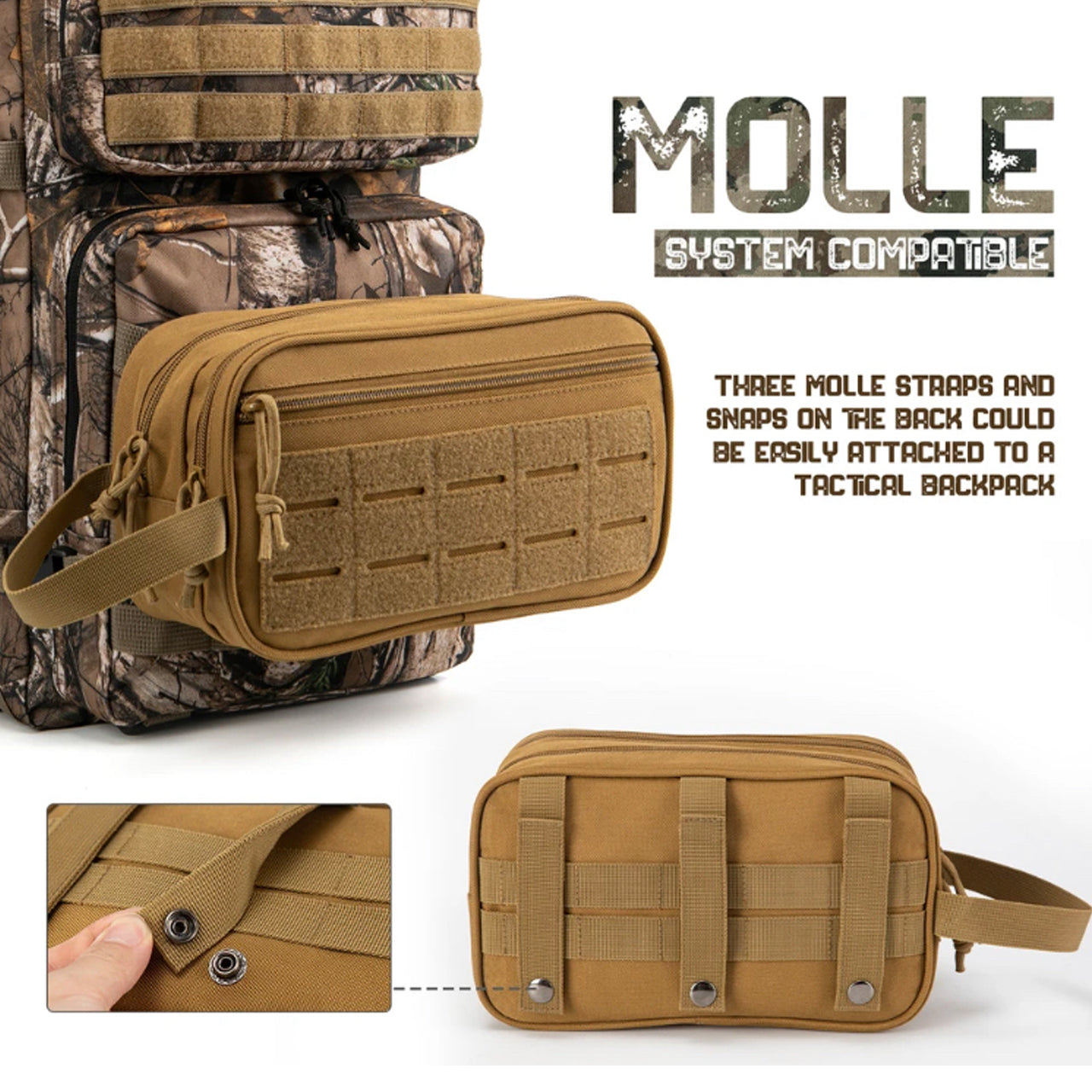 This Toiletry Bag is MOLLE capable and can be used for other gear, it's a must-have for any traveler. With dimensions of 15cm (H) x 26cm (W) x 11cm (D), it's perfect for storing toiletries and accessories. Made from 900D fabric material, it boasts a sleek and durable design. The side carry handle, front pocket compartment with closeable zip, and top zip closure make it a convenient and stylish choice. www.moralepatches.com.au