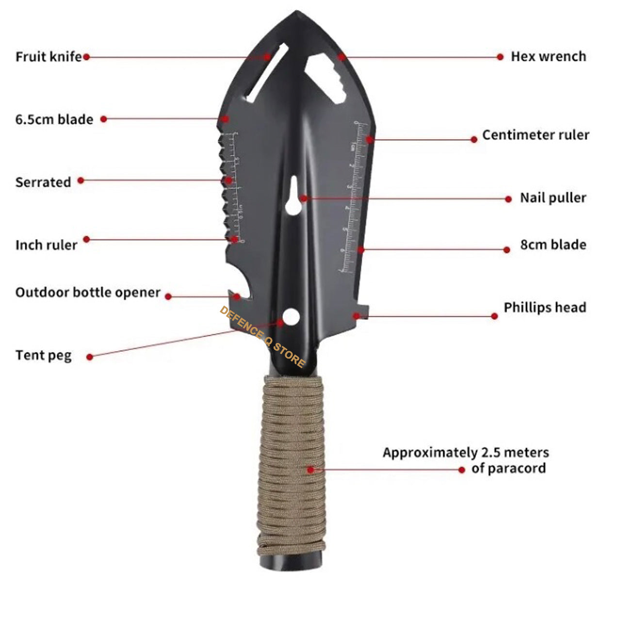 This portable trowel has many features that regular trowels don't have: Shovel Blade, Saw, Ruler, Nail Extractor, Hex Wrench, Paracord.&nbsp;&nbsp;This&nbsp;shovel is made of stainless steel. Extremely durable, bend resistant, and has a lot of levering power. The blade is rust and scratch resistant, stays razor sharp and you can wash it easily. www.moralepatches.com.au