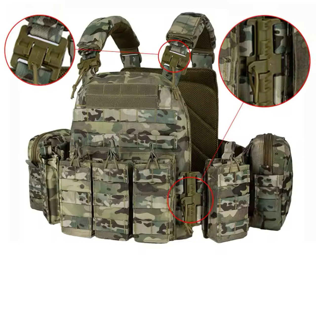 The Stealth Ops Quick Release Assault Vest in Multicam combines durability and functionality. Made with 1000D waterproof oxford cloth, this versatile MOLLE vest is perfect for outdoor activities www.moralepatches.com.au