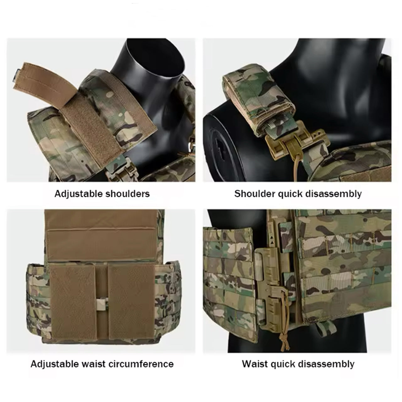 The Stealth Ops Quick Release Assault Vest in Multicam combines durability and functionality. Made with 1000D waterproof oxford cloth, this versatile MOLLE vest is perfect for outdoor activities www.moralepatches.com.au