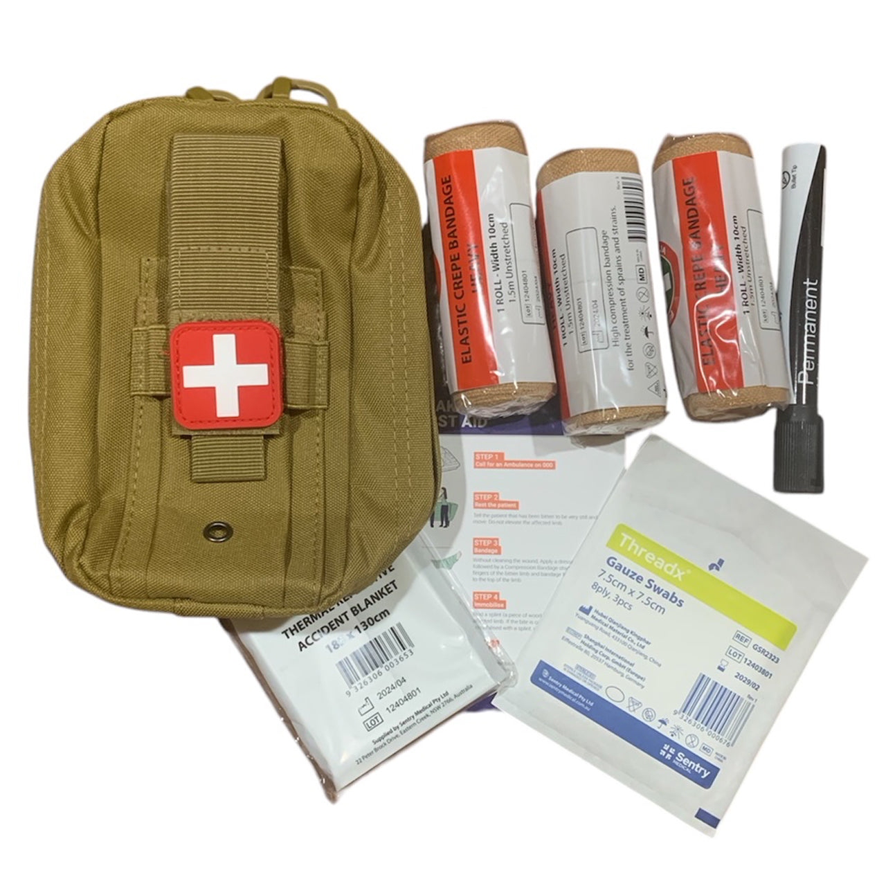 The Snake Bite Kit provides emergency treatment for one person in case of a snake or spider bite. It contains:
3 Heavy Standard Crepe Bandages. 
Gauze Swab 7.5cm
Thermal Blanket,
Venomous Bite Guide. 
Coyote Combat Pouch 20x9x7cm
Red and white medic morale patch pvc www.moralepatches.com.au