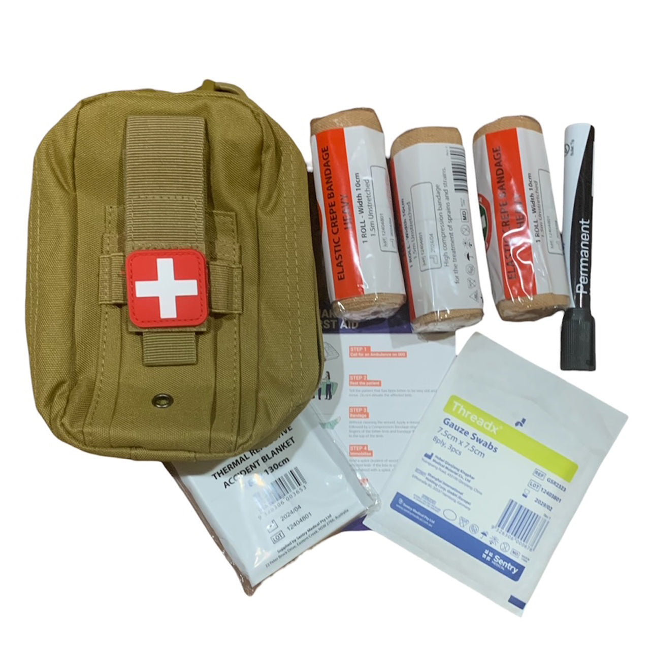 The Snake Bite Kit provides emergency treatment for one person in case of a snake or spider bite. It contains:
3 Heavy Standard Crepe Bandages. 
Gauze Swab 7.5cm
Thermal Blanket,
Venomous Bite Guide. 
Coyote Combat Pouch 20x9x7cm
Red and white medic morale patch pvc www.moralepatches.com.au