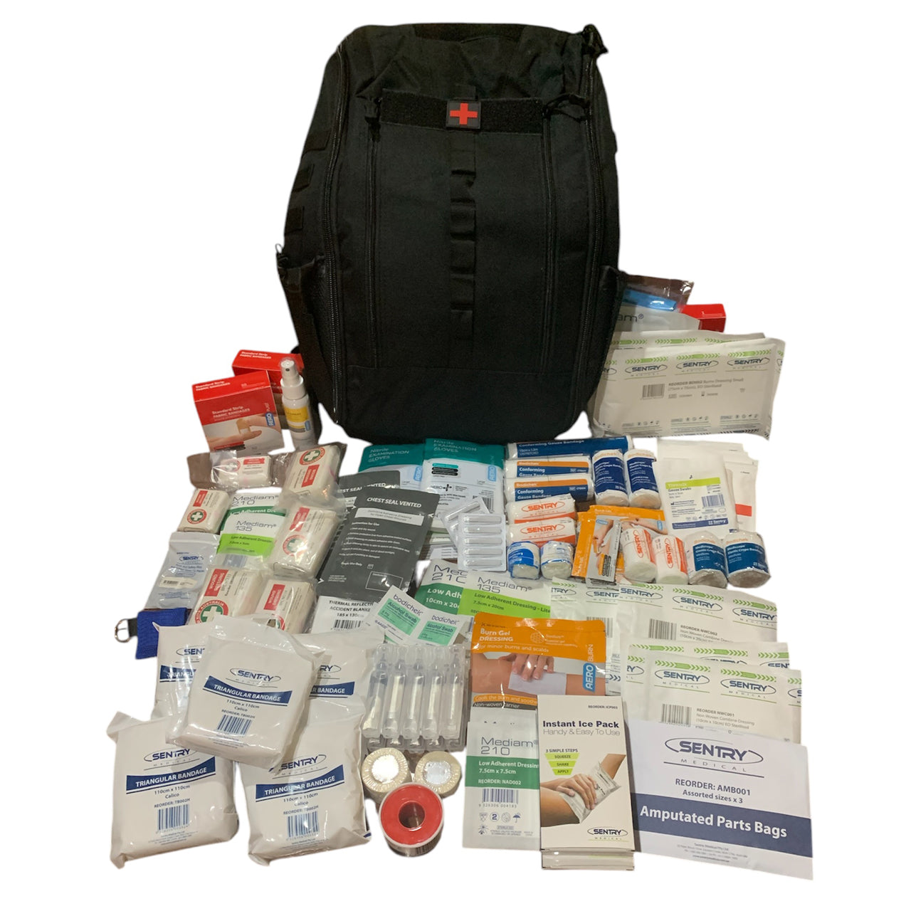 Premium First Aid Combat Backpack Bundle Black contains:
Black Combat Backpack 54x30x18cm which is the ultimate first aid carrying device plus bonus x2 Tactical Elite Chest Seals. www.moralepatches.com.au