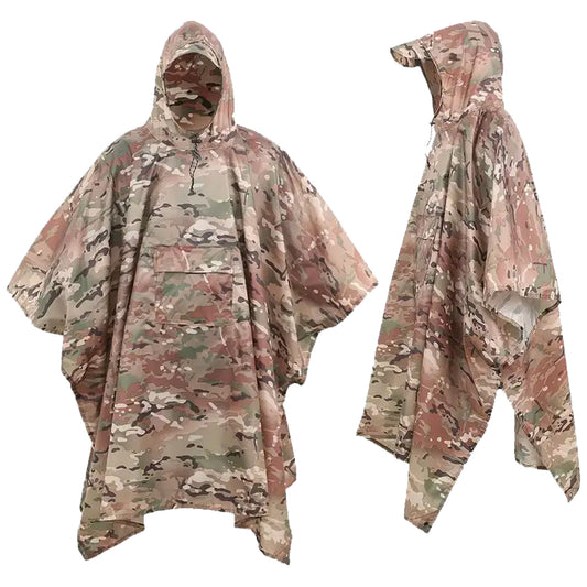 This poncho is made from durable 100% polyester and showcases a Multicam pattern, ensuring both functionality and style. Its waterproof PU2000mm rating keeps you dry in any weather, while the front pocket and snap closure provide convenience. The included stuff bag makes it portable, and the grommets on every corner allow for secure use in any situation. Sized at 210x140cm, it's compact and lightweight for easy packing. www.moralepatches.com.au