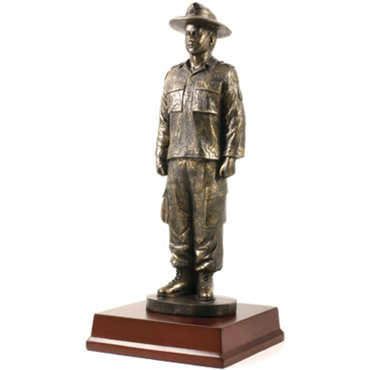 Impress any military enthusiast with this unique Male Army Cadet Figurine. Crafted with intricate detail, this 295mm tall cold cast bronze figurine stands atop a 130mm x 130mm base with a 15mm x 60mm inscription plate, perfect for a special message. Give them the perfect gift, award or collectible that honors their service. www.moralepatches.com.au